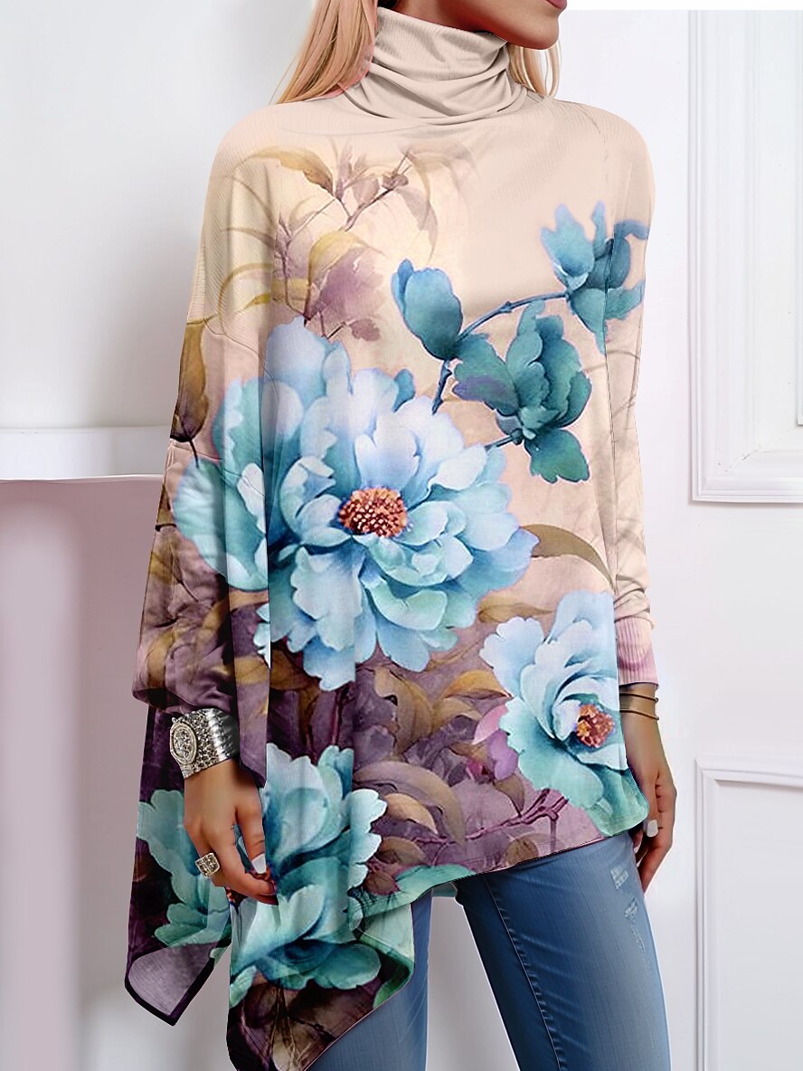 Dame T-skjorte Mote Blomster Print Asymmetrisk Kant Langermet Vanlige Topper Høy Hals Casual Ferie Rosa Blå Grønn Khaki Vår Høst 2025 - $23.99 –P3