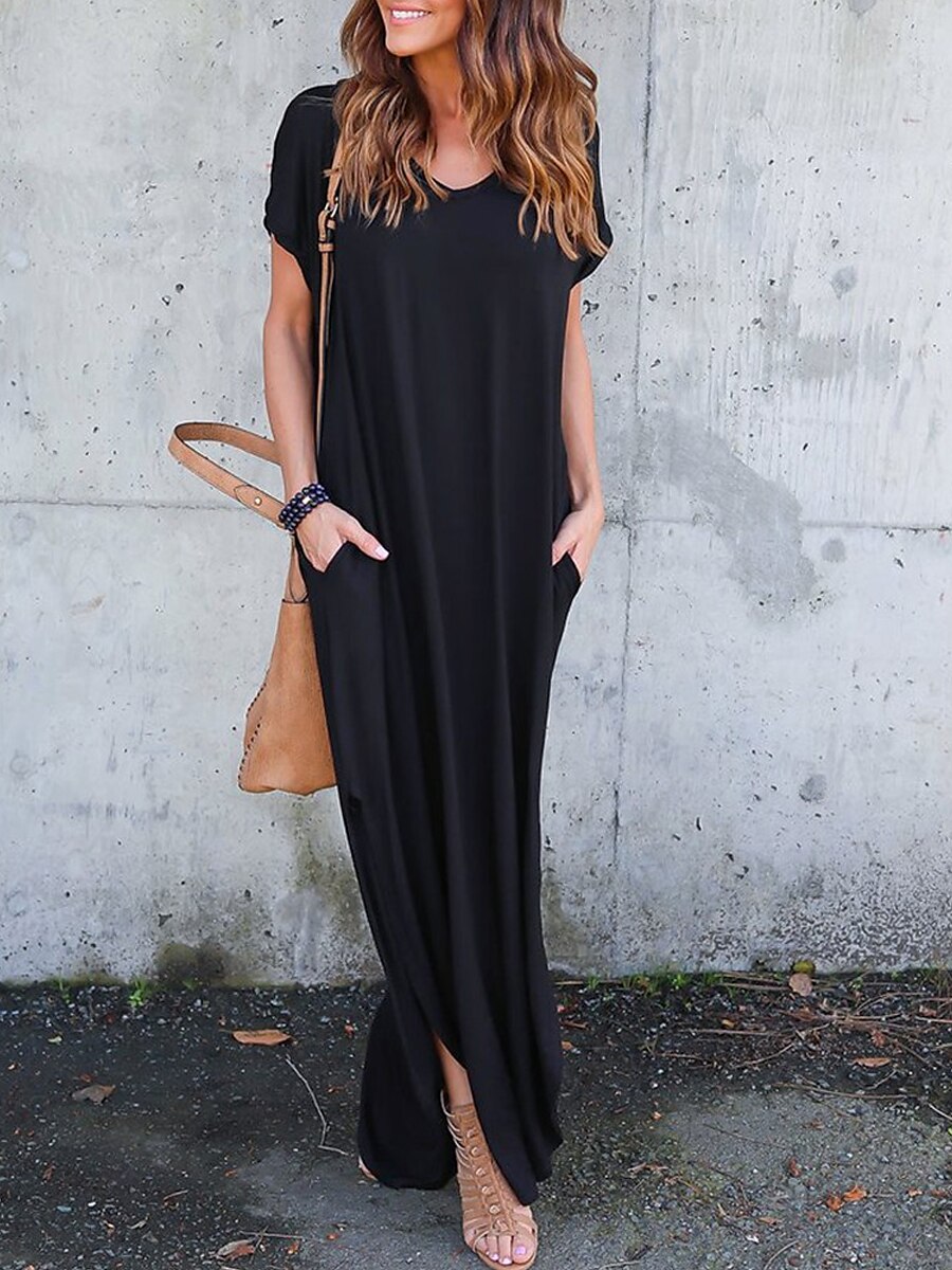 Damen Casual kleid kleid lang Baumwolle Tasche Gespleisst Verabredung Maxi Basic V Ausschnitt Kurzarm Schwarz Weiß Rosa Farbe 2025 - $39.99 –P14