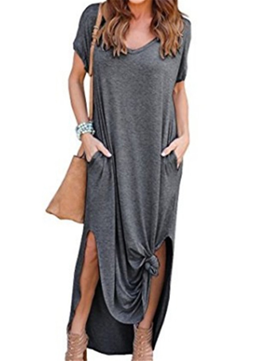 Damen Casual kleid kleid lang Baumwolle Tasche Gespleisst Verabredung Maxi Basic V Ausschnitt Kurzarm Schwarz Weiß Rosa Farbe 2025 - $39.99 –P5