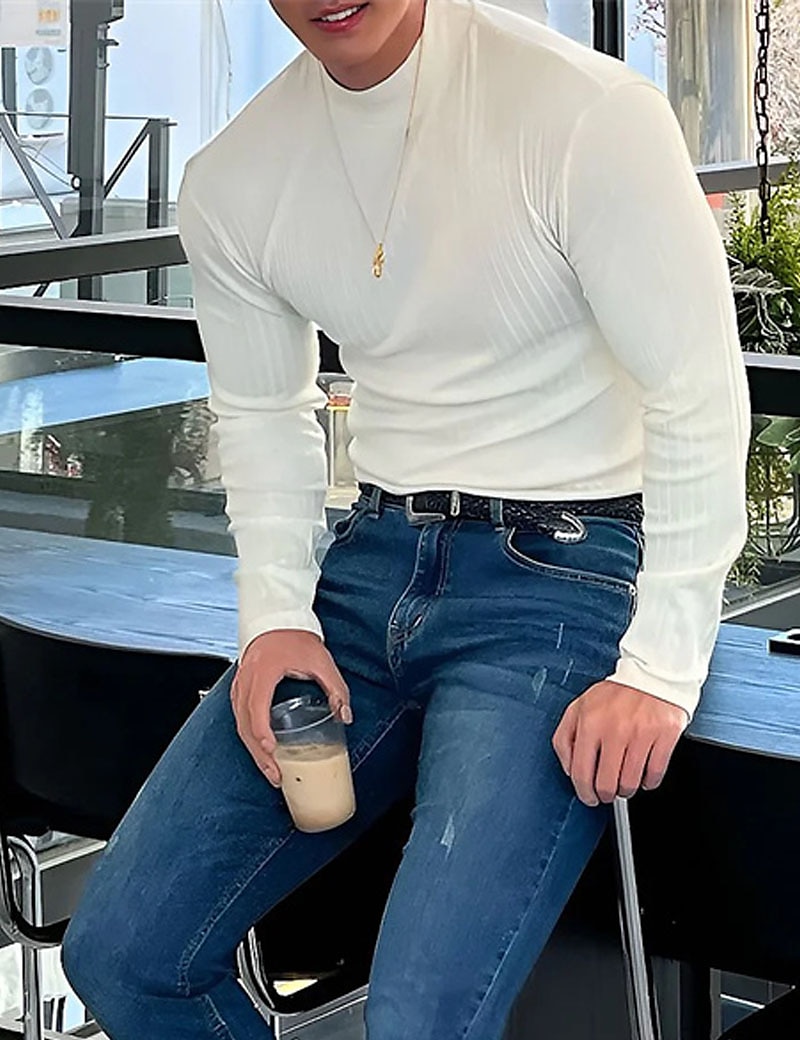 Per uomo Maglietta Maglietta a Maglia Camicia a Maniche Lunghe Manica Lunga Dolcevita Primavera & Autunno Semplice Striscia di Fossa Moda Designer Essenziale Vacanza Streetwear Uscire Nero Bianco del 2026 a $21.99 –P9