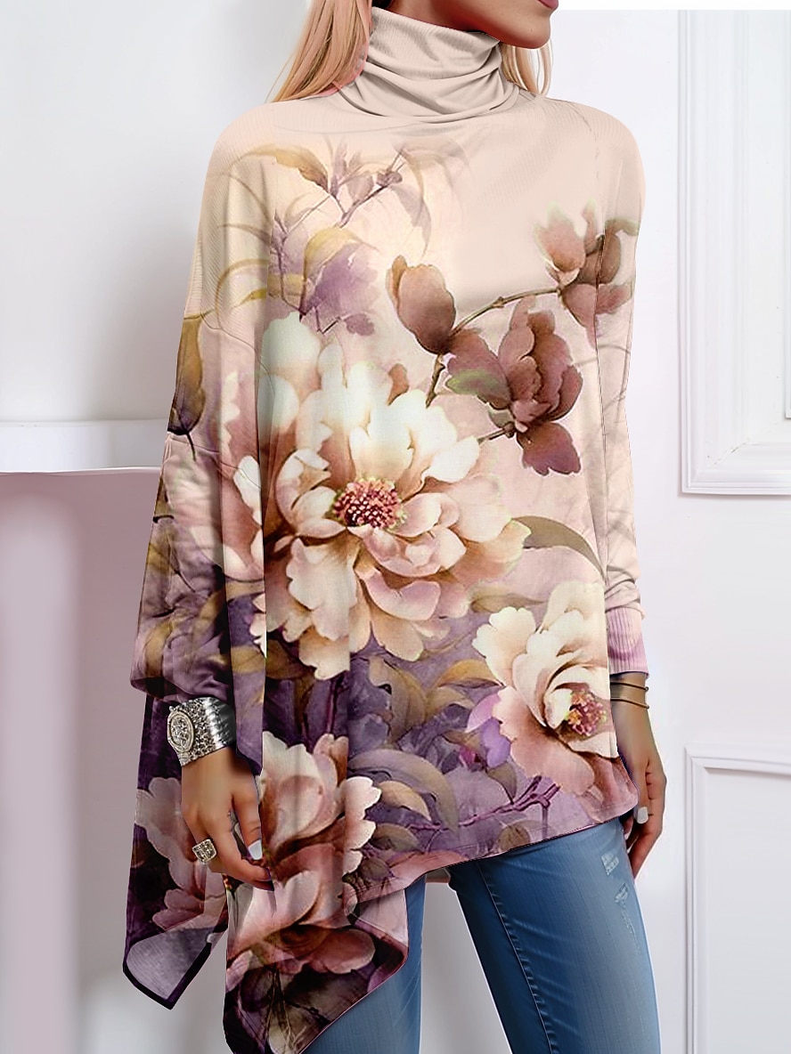 Dame T-skjorte Mote Blomster Print Asymmetrisk Kant Langermet Vanlige Topper Høy Hals Casual Ferie Rosa Blå Grønn Khaki Vår Høst 2025 - $23.99 –P4