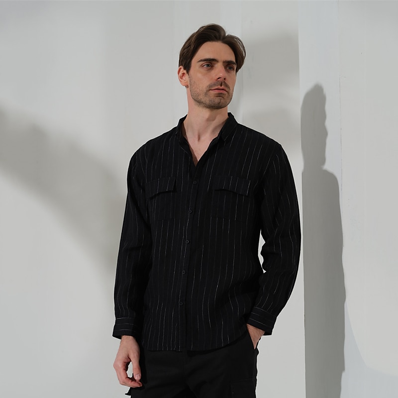 100% Lin Poche Homme Chemise Chemise Lin Chemise boutonnée Noir bleu marine manche longue Plein Revers Printemps & Automne Extérieur Vacances Vêtement Tenue de 2026 ? $39.99 –P1
