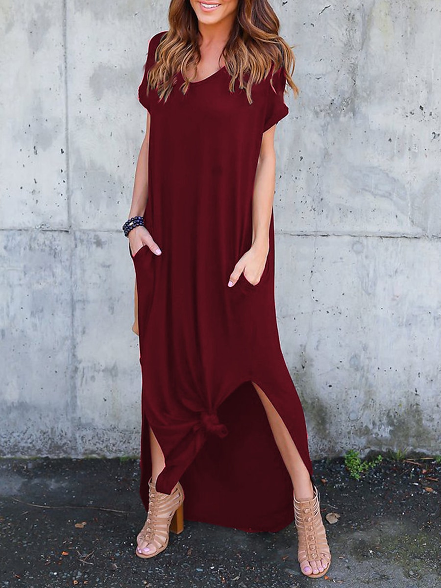 Damen Casual kleid kleid lang Baumwolle Tasche Gespleisst Verabredung Maxi Basic V Ausschnitt Kurzarm Schwarz Weiß Rosa Farbe 2025 - $39.99 –P9