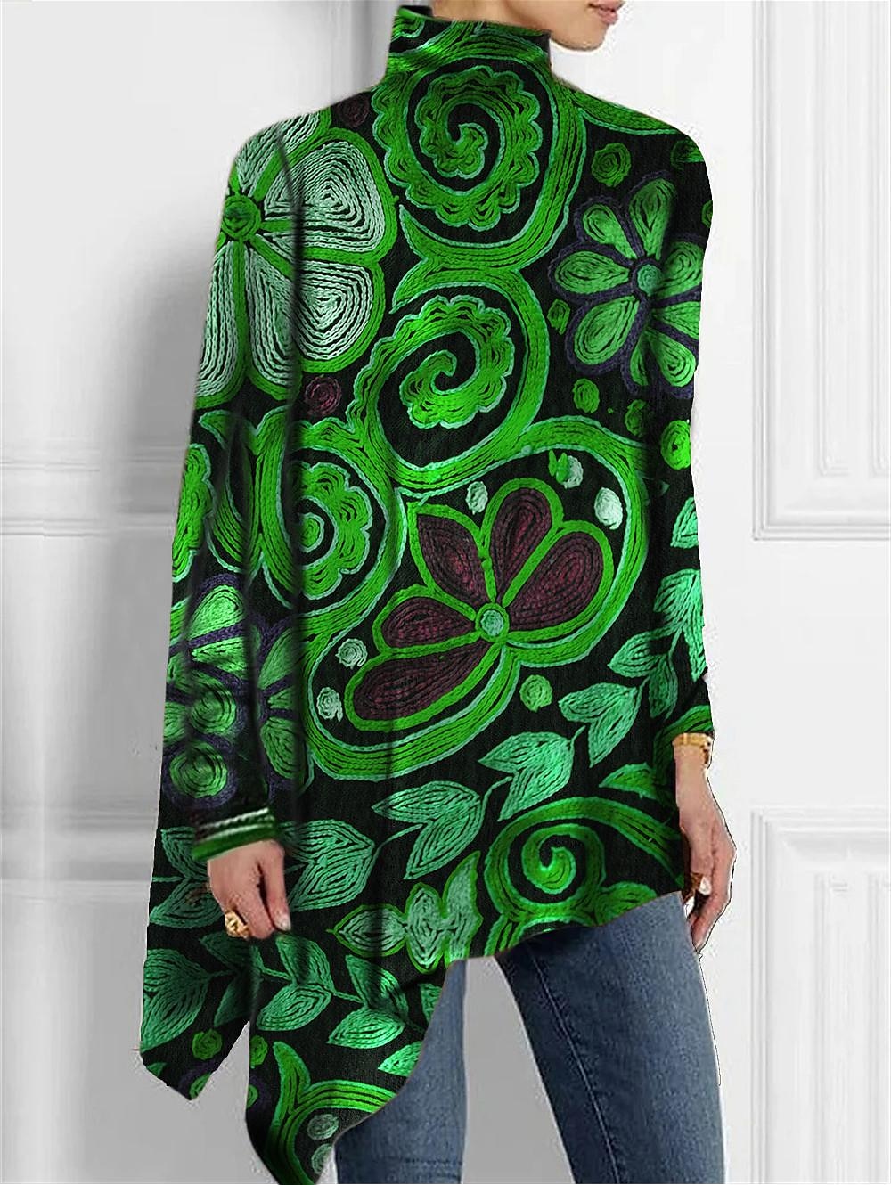 Camiseta de mujer de moda floral impresión dobladillo asimétrico de manga larga largos tops cuello alto casual vacaciones rojo azul verde primavera y otoño 2026 - $25.99 –P2