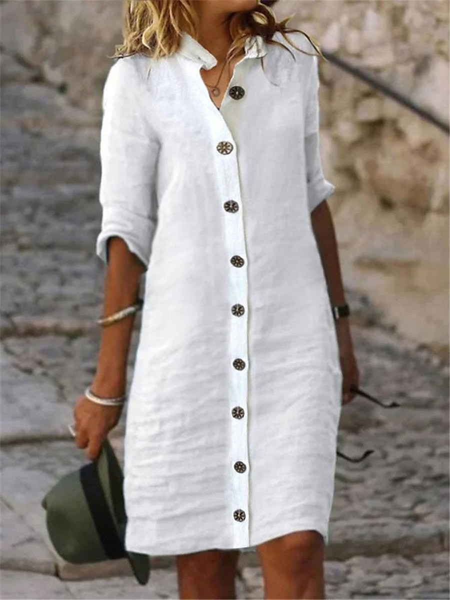 Per donna Nero Bianco Giallo Estate Primavera Mini Abito Abiti ispirati al lino Abito nero Abito Camicia Essenziale Moderno Quotidiano Weekend Vestibilità comoda Semplice Colletto a Camicia del 2025 a $32.99 –P1