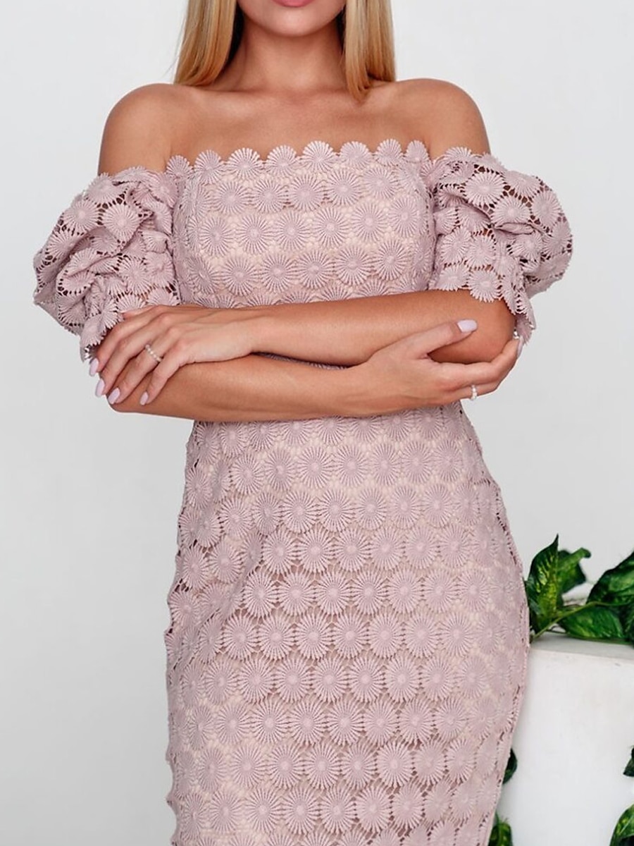 Dámské Midi šaty Bílé krajkové svatební šaty Elegantní Večírek Párty Dar Běžný Bez vzoru Krátký rukáv Hranatý Černá Bílá Světlá růžová Léto Jaro Podzim Zima 2026 - $41.99 –P9