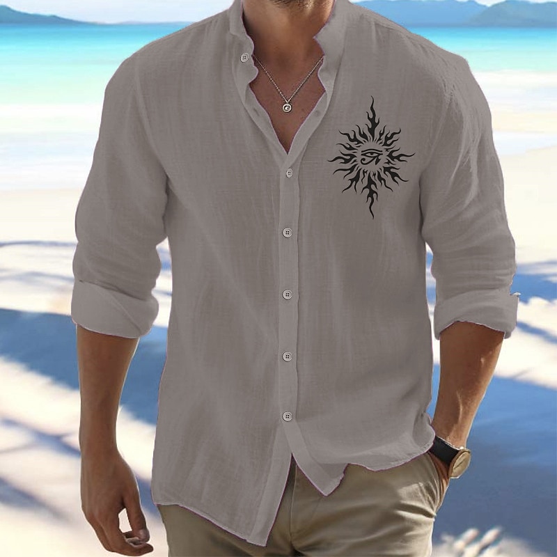 Herren Hemd Knopfhemd Ethno-Hemd Sonne Outdoor Urlaub Weiß Langarm Stehkragen Frühling & Herbst Bekleidung Druck 2026 - $27.99 –P7