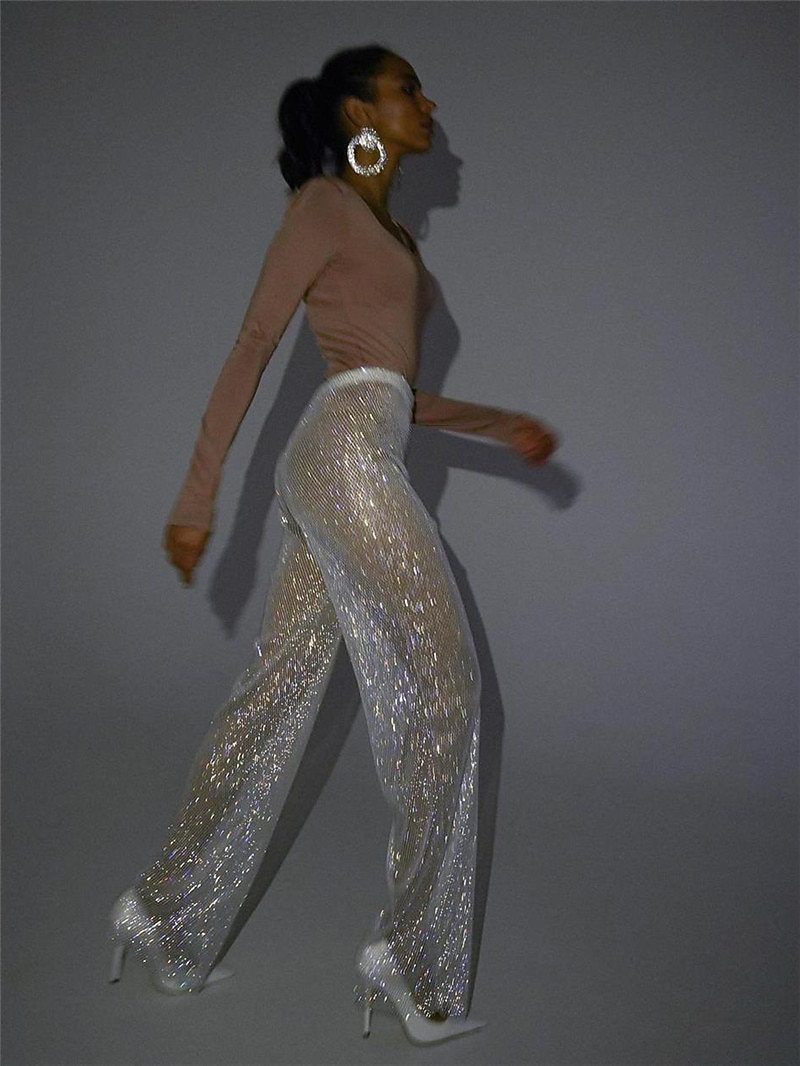 Metallic Sparkle Pants Sheer Mesh Rhinestone Cover Up Disco Solid Color Women's Party Club Pride Parade Adults' Pants 2025 - $86.99 –P5