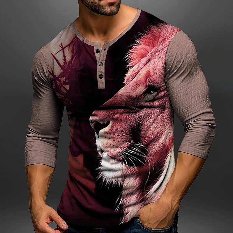 Férfi Grafika Állat Oroszlán Henley ing Hosszú ujj 3D nyomtatás Divat Napi Alkalmi Hétköznapi Szabadság Alkalmi Tavasz & Ősz Piros Barna Khakizöld Szürke Henley Henley póló 2025 - $22.99 –P2