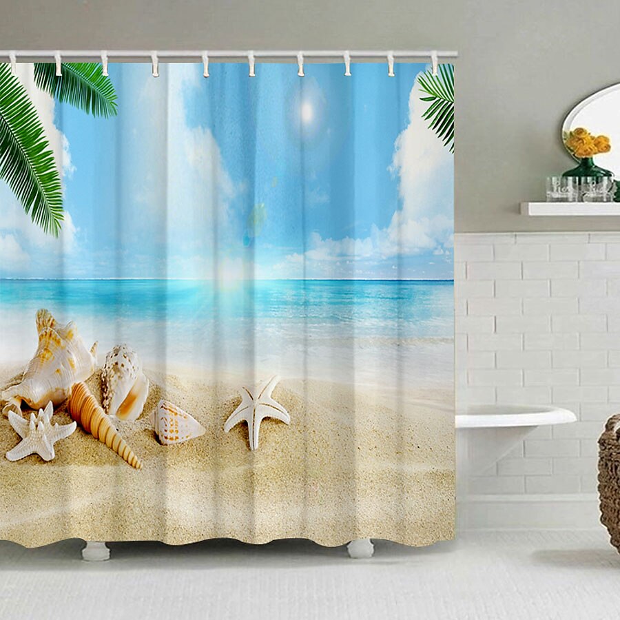 Shower Curtain with Hooks 180cm*180cm(70"*70") Polyester Washable Waterproof Ocean Beach Shells Pattern Bathroom Decor 2025 - $15.49 –P3