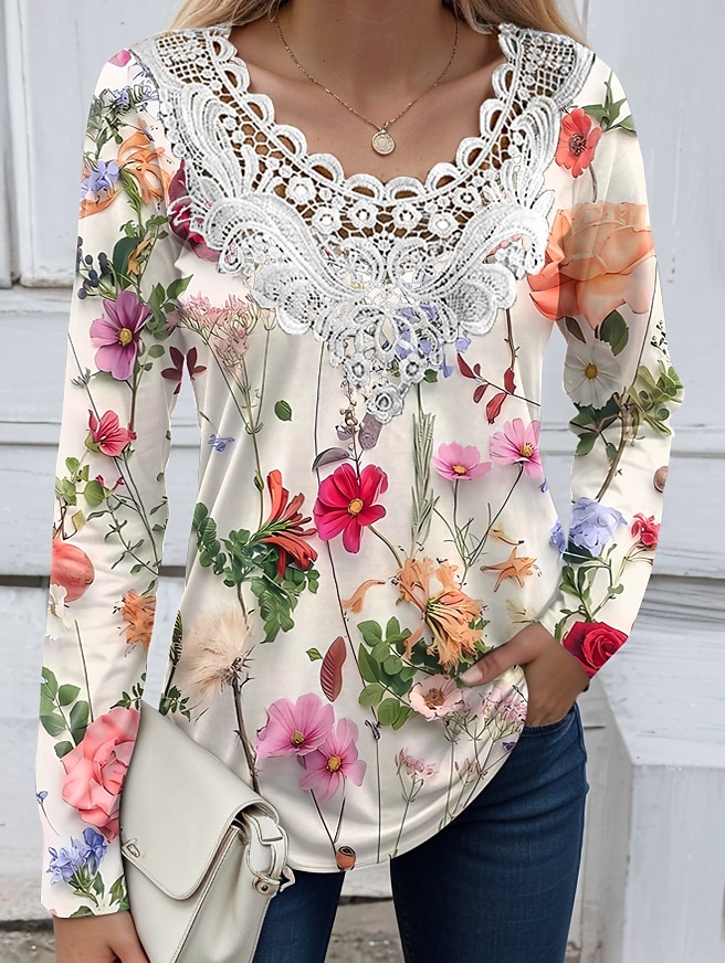 Tunic da donna camicia blusa moda floreale stampa pizzo manica lunga regolare tops a V casual festa nera bianca gialla rosa rossa primavera e autunno del 2025 a $23.99 –P5