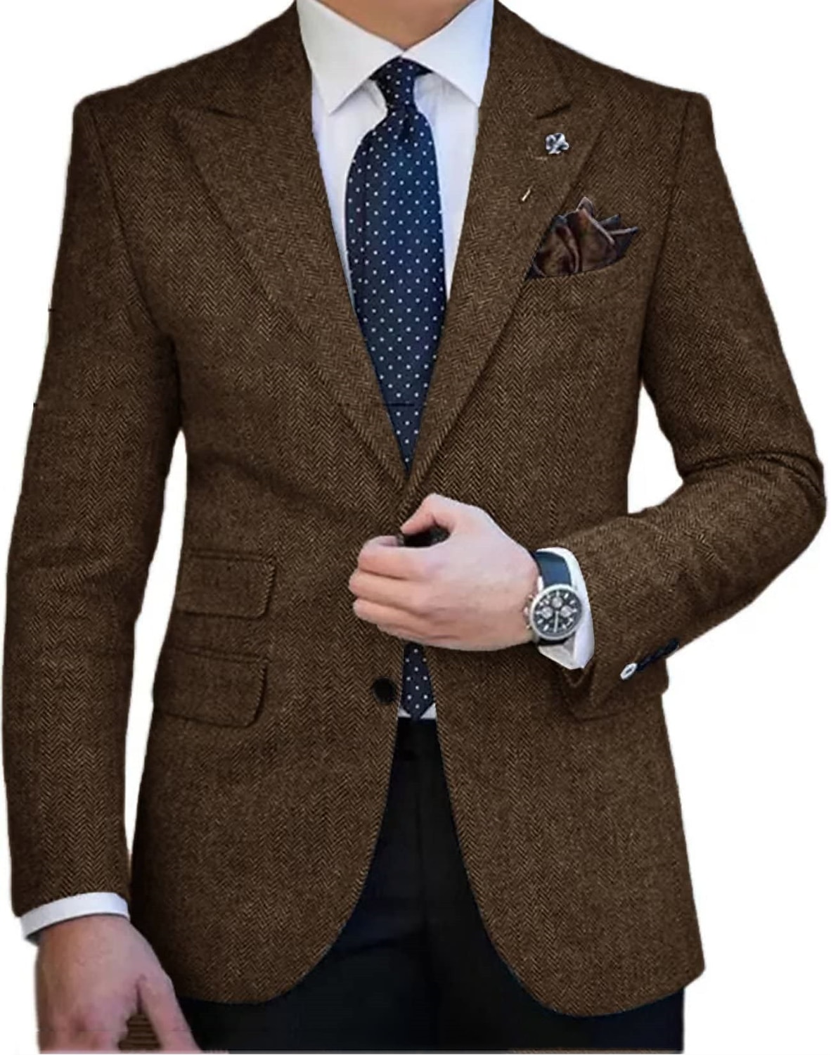 Herren Tweed Blazer Retro Vintage Fischgrätenmuster Blazer Braun Kaki Dunkelgrau Übergrössen Einreiher mit zwei Knöpfen 2025 - $76.99 –P2