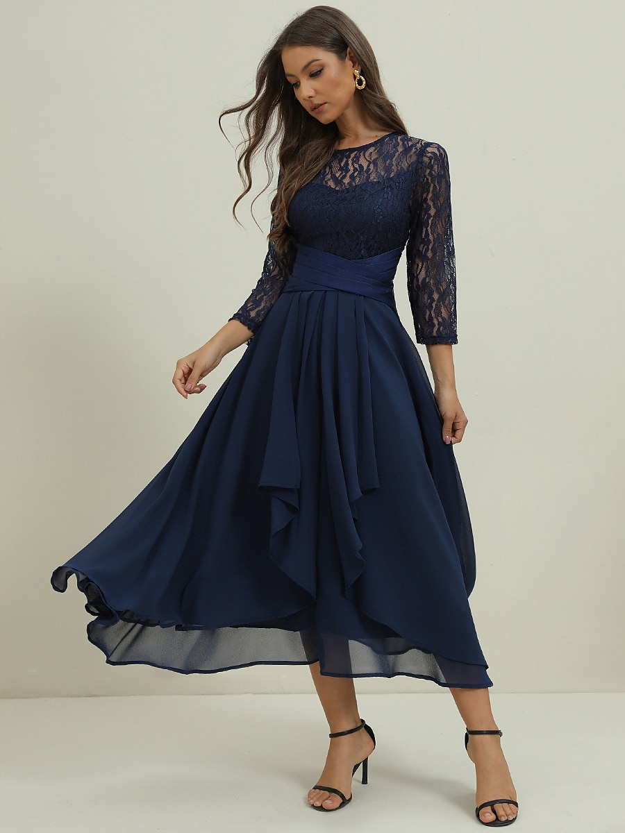 Femme Robe dentelle Robe de bal robe soirée Mousseline de soie Dentelle Patchwork Col Ras du Cou Manches 3/4 Robe mi-longue Formel robe hiver bleu marine Printemps Hiver de 2025 ? $57.99 –P2