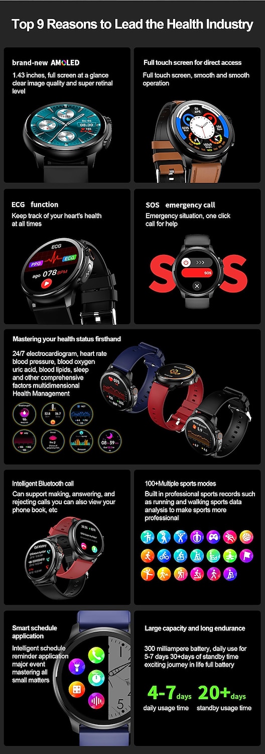 iMosi et481 Smart Watch 1.43 inch Smartwatch Fitness Running Watch Bluetooth Call ECG PPG Pedometer Call Reminder Compatible with Android iOS Women Men Long Standby Waterproof Media Control IP68 46mm 2024 - JOD JD42.54 –P2