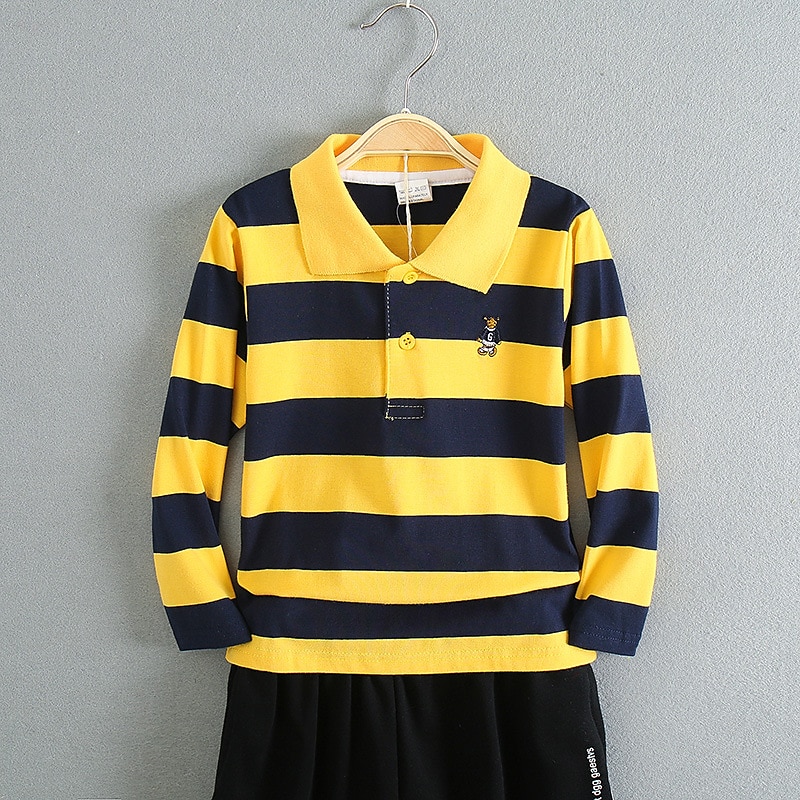 Barn Pojkar T-shirt Tee Tecknat Rand Långärmad Knapp Bomull Barn Top Skola Förtjusande Dagligen Vår Höst GUCI långärmade tjocka ränder 7-13 år 2025 - $17.49 –P7