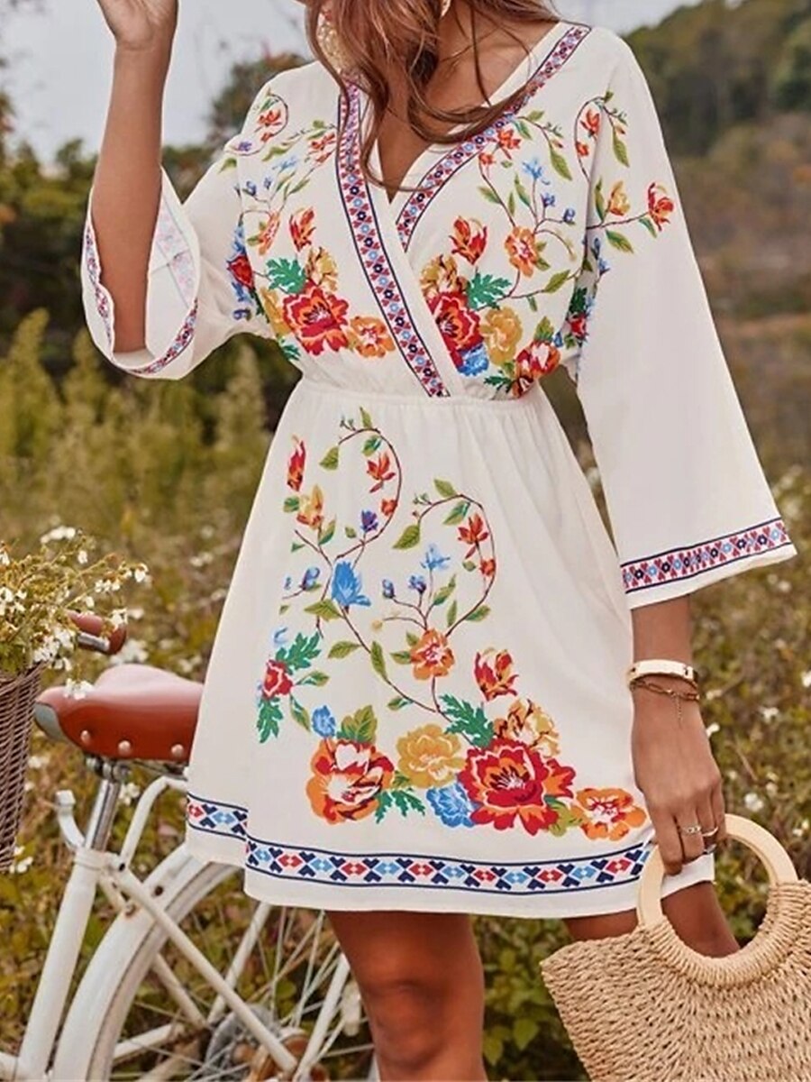 női alkalmi ruha virágmintás v nyak mini ruha etnikai boho vakáció 3/4 hosszú ujjú nyár tavasz 2025 - $27.99 –P3