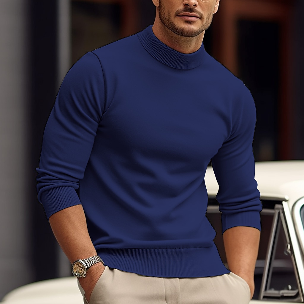 Men's Pullover Sweater Jumper Knit Sweater Ribbed Knit Knitted Plain Mock Neck Basic Keep Warm Daily Wear Vacation Clothing Apparel Fall & Winter Black White S M L 2025 - $28.99 –P11