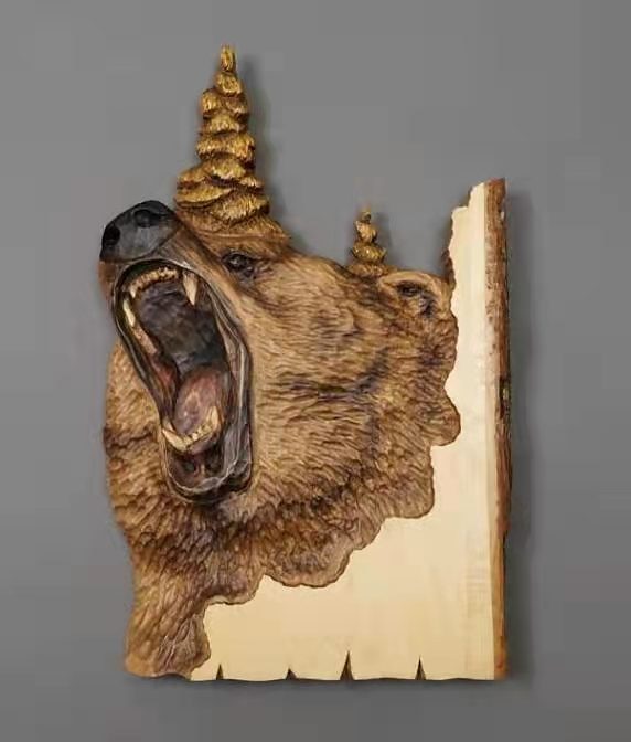 Escultura colgante de pared artesanal tallada en animales, decoración pintada a mano de ciervo, oso mapache de madera, para la sala de estar del hogar 2025 - $10.99 –P9