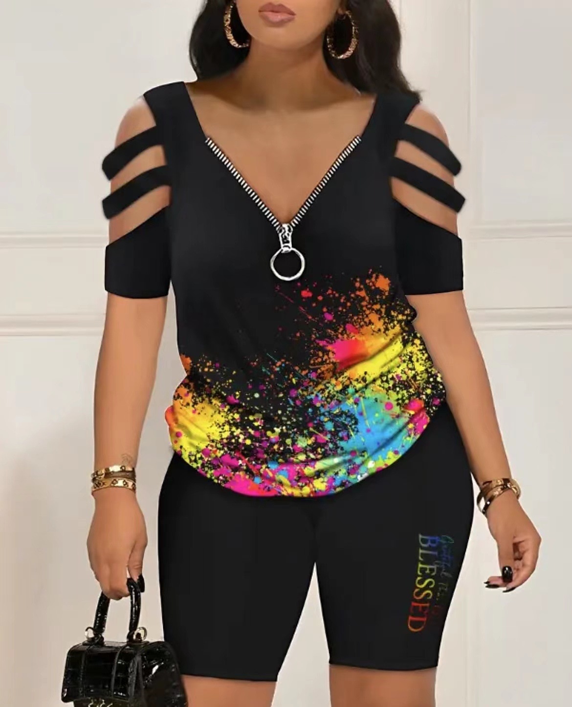 Femme Chemise Ensembles de shorts Graphic Zippé Découpé Casual Quotidien Mode Manche Courte Col V Noir Eté de 2025 ? $32.99 –P2