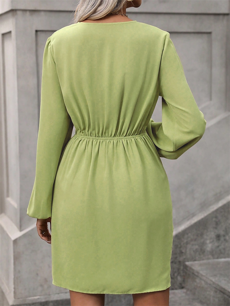 Damen Arbeitskleidung Semi formelles Kleid Wickelkleid Elegant winterkleider damen B¨¹ro Täglich Minikleid Rüschen V Ausschnitt Langarm Glatt Regular Fit Grün Herbst Winter S M L XL 2025 - $41.99 –P2