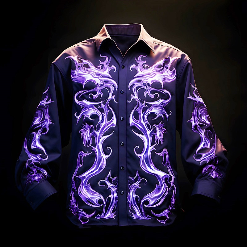Hombre Fuego Camisa Abotonar la camisa Manga Larga Artístico Abstracto Ropa Cotidiana Noche Otoño invierno Cuello Vuelto Estampado Abotonar Morado Fucsia Verde Trébol 2025 - $26.99 –P1