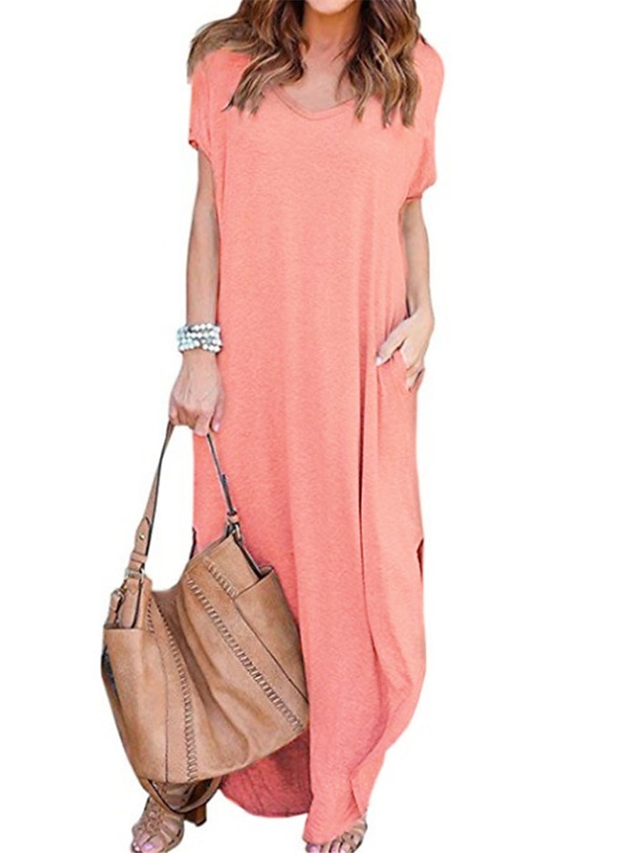 Damen Casual kleid kleid lang Baumwolle Tasche Gespleisst Verabredung Maxi Basic V Ausschnitt Kurzarm Schwarz Weiß Rosa Farbe 2025 - $39.99 –P2