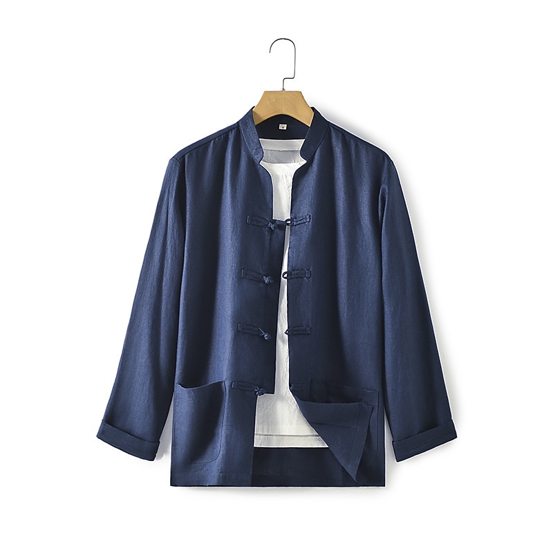 100% Linho Bolsos Homens Camisa Social camisa de linho Preto Branco Azul Escuro Manga Longa Tecido Colarinho Clerical Primavera & Outono Ao ar livre Diário Roupa de 2026 por $31.99 –P11