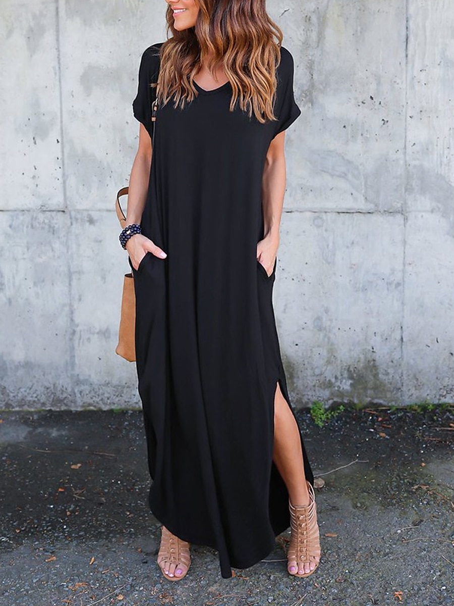 Damen Casual kleid kleid lang Baumwolle Tasche Gespleisst Verabredung Maxi Basic V Ausschnitt Kurzarm Schwarz Weiß Rosa Farbe 2025 - $39.99 –P15