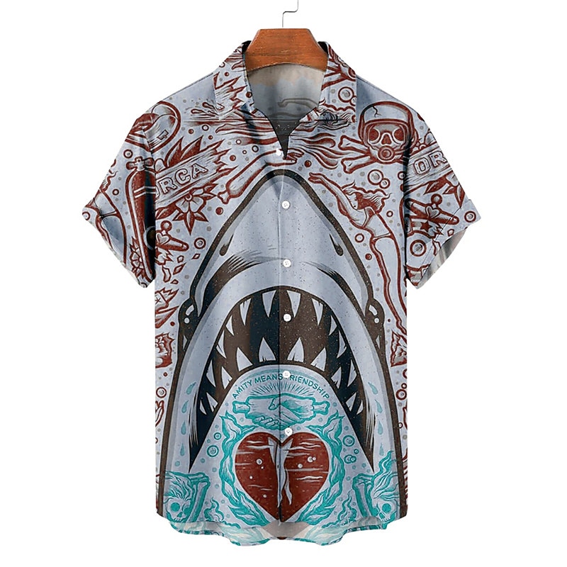 Herre Hai Tropisk Skjorte Hawaii skjorte Aloha skjorte Kortermet Skjorte Aftæpning Fritid utendørs Gate Fritid / hverdag Rosa Rød Blå S M L 2025 - $24.99 –P3