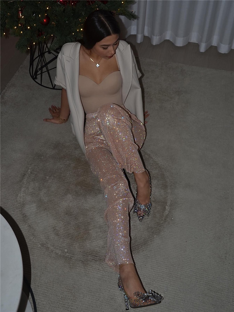 Metallic Sparkle Pants Sheer Mesh Rhinestone Cover Up Disco Solid Color Women's Party Club Pride Parade Adults' Pants 2025 - $86.99 –P8