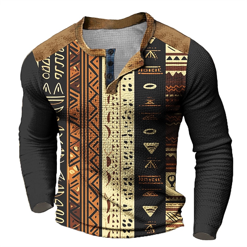 Graphic Tribal Designer Casual Vintage Retro Men's 3D Print Henley Shirt Waffle T Shirt Sports Outdoor Holiday Festival T shirt Blue Red & White Green Long Sleeve Henley Shirt Spring & Fall Clothing 2023 - AED 101 –P1