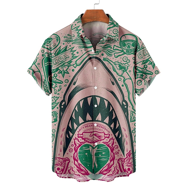 Herre Hai Tropisk Skjorte Hawaii skjorte Aloha skjorte Kortermet Skjorte Aftæpning Fritid utendørs Gate Fritid / hverdag Rosa Rød Blå S M L 2025 - $24.99 –P2