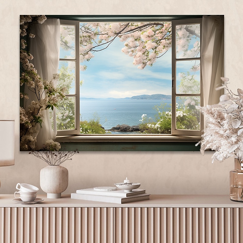 Paisaje pared arte lienzo ventana falsa primavera flores de cerezo impresiones y carteles fotos tela decorativa pintura para sala de estar fotos sin marco 2025 - $17.49 –P4