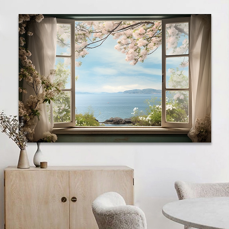 Paisaje pared arte lienzo ventana falsa primavera flores de cerezo impresiones y carteles fotos tela decorativa pintura para sala de estar fotos sin marco 2025 - $17.49 –P5