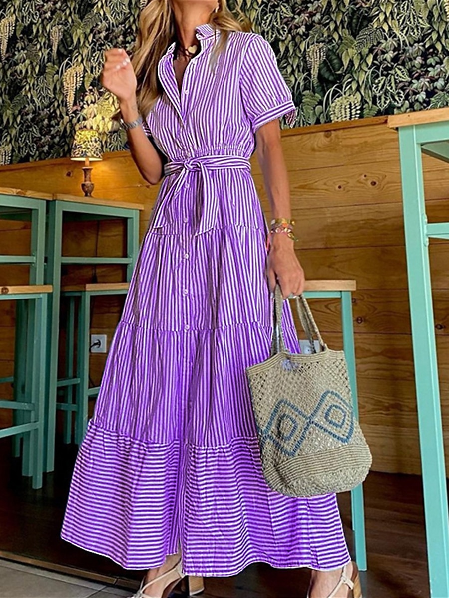 robe chemise femme robe décontractée rayure lacets volants col chemise robe longue robe maxi vacances manches courtes été printemps de 2025 ? $51.99 –P3
