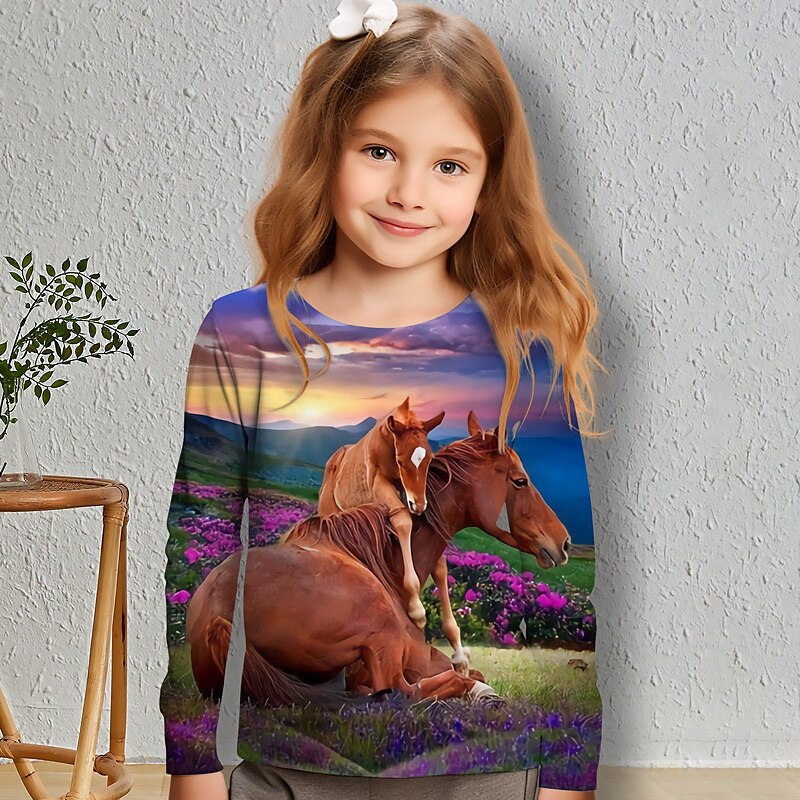 Fille 3D Cheval Tee-shirts Chemises manche longue 3D effet Printemps Automne Actif Mode Le style mignon Enfants 3-12 ans Col Ras du Cou Extérieur Casual du quotidien Standard de 2025 ? $13.99 –P5