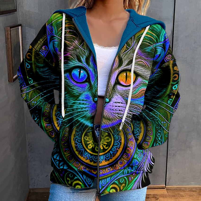 Women's Zipper Hoodie Sweatshirt Cat Casual Sports Drawstring Print Sportswear Funny Hooded Long Sleeve Top Micro-elastic Fall & Winter Comfrt Breathable Soft Fabric 2025 - $24.99 –P2