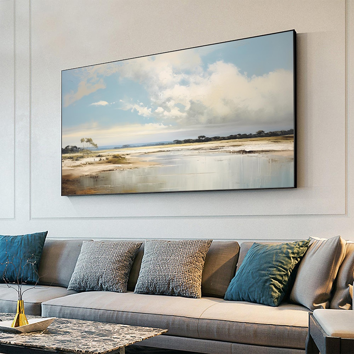 Handmade Oil Painting Canvas Wall Art Decor Original Blue Sky Abstract Scenery Painting for Home Decor With Stretched Frame/Without Inner Frame Painting 2025 - $158.99 –P16