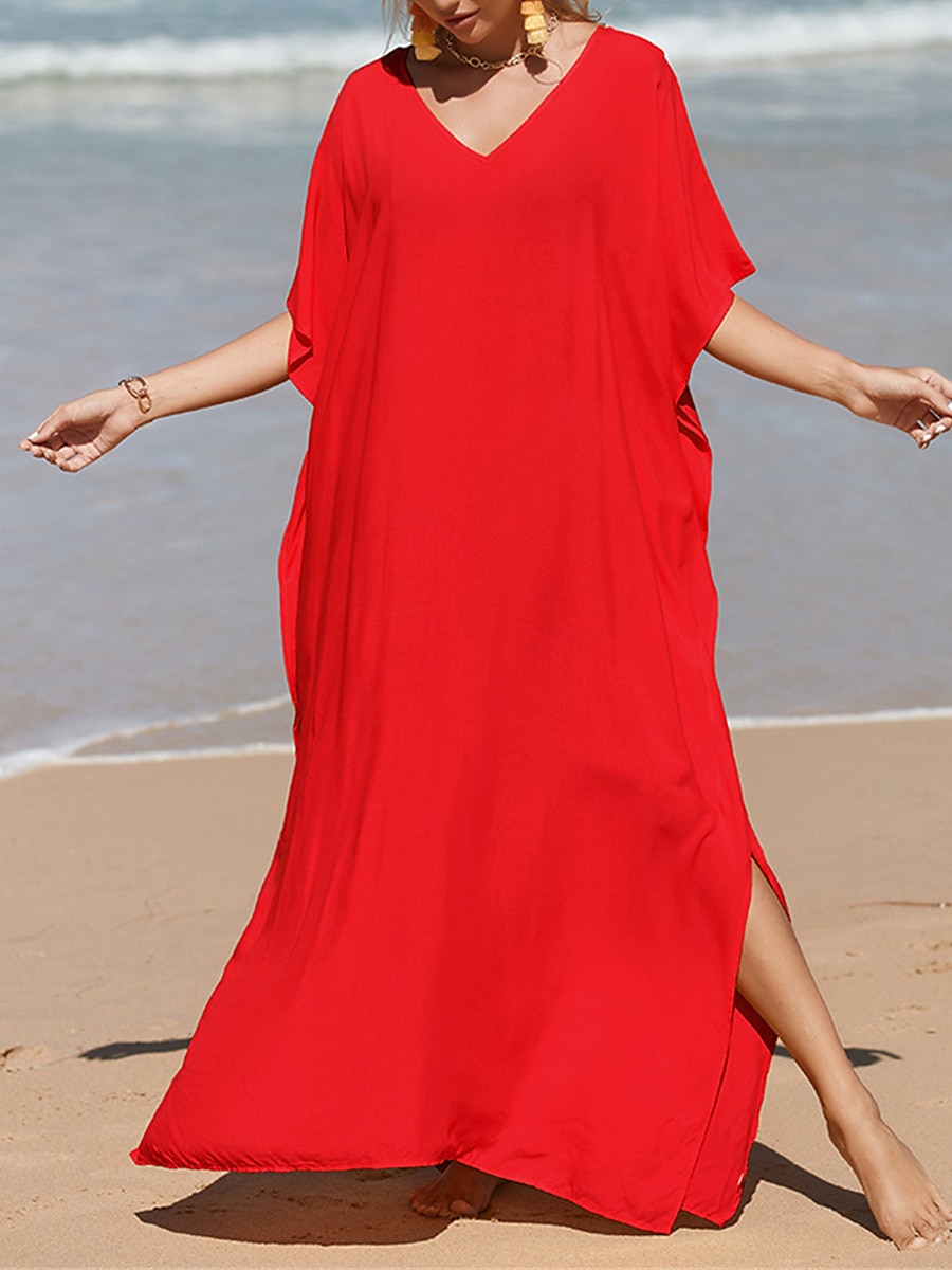 robe blanche Robe casual Robe d'été Femme robe longue Fendu Rendez-vous Vacances Plage Maxi basique Col V Demi Manches Ample Noir Blanche Jaune Taille unique de 2025 ? $41.99 –P11