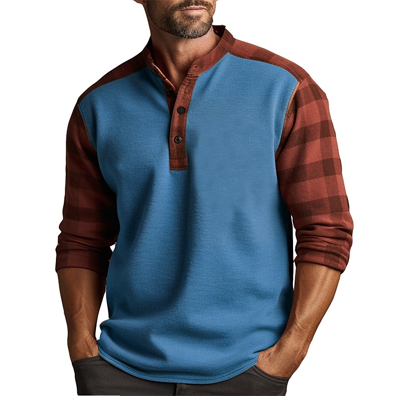 Herre Grafisk Ruter Fargeblokk Henly-skjorte Langermet 3D-utskrift Mote Daglig Fritid Avslappet Ferie Ut på byen Vår & Vinter Blå Brun Grønn Henley Henley T-skjorte 2025 - $22.99 –P3