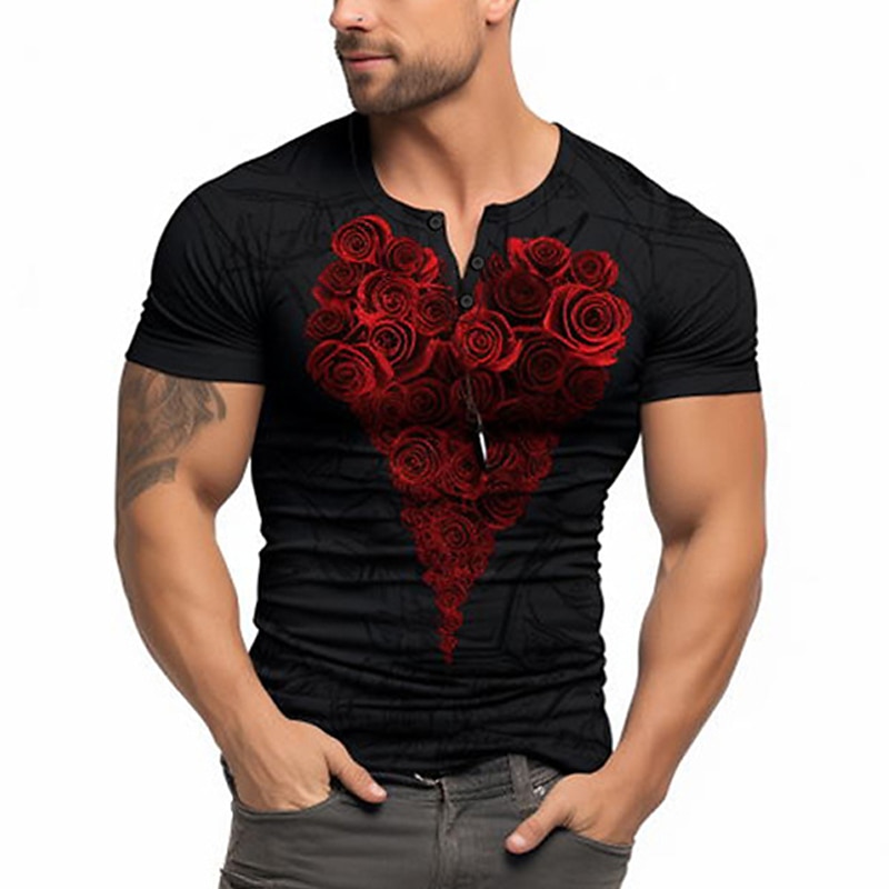 2026年 男性用 恐怖の一夜 グラフィック バレンタイン・デー ローズ Tシャツ ヘンリーシャツ 半袖 3Dプリント ファッション クラシック レトリ／ヴィンテージ スポーツ・アウトドア 祝日 お出かけ 春夏 ブラック ルビーレッド ヘンリー ヘンリーTシャツ  コレクション – $24.99 –P2