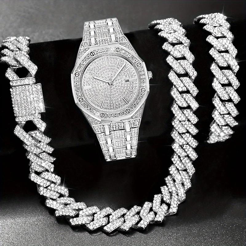 3pcs/set HipHop Mens Rhinestone Watch & Necklace & Bracelet Set, Christmas Gift 2025 - $38.99 –P3