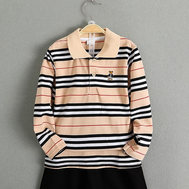 Barn Pojkar T-shirt Tee Tecknat Rand Långärmad Knapp Bomull Barn Top Skola Förtjusande Dagligen Vår Höst GUCI långärmade tjocka ränder 7-13 år 2025 - $17.49 –P6