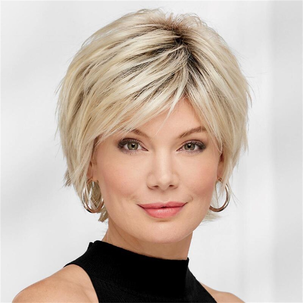 Perruque Synthétique Droit Coupe Lutin Fabriqué à la machine Perruque Court A1 Cheveux Synthétiques Femme Doux Mode Facile à transporter Blond de 2025 ? $19.99 –P1