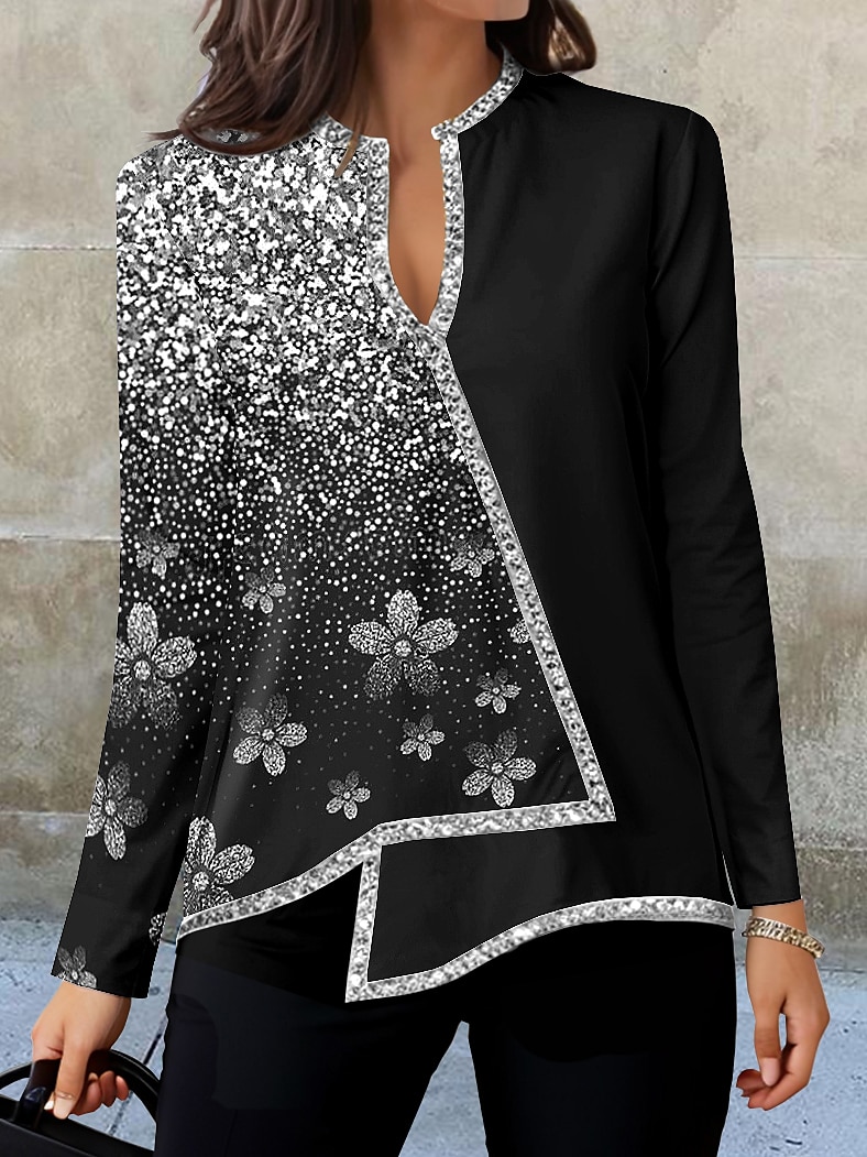 Blusa da Donna Moda Stampa Floreale Orlo Asimmetrico Manica Lunga Regular Collo a V Casual Vacanza Nera Argento Rosa Blu Verde Autunno e Inverno del 2025 a $26.99 –P2