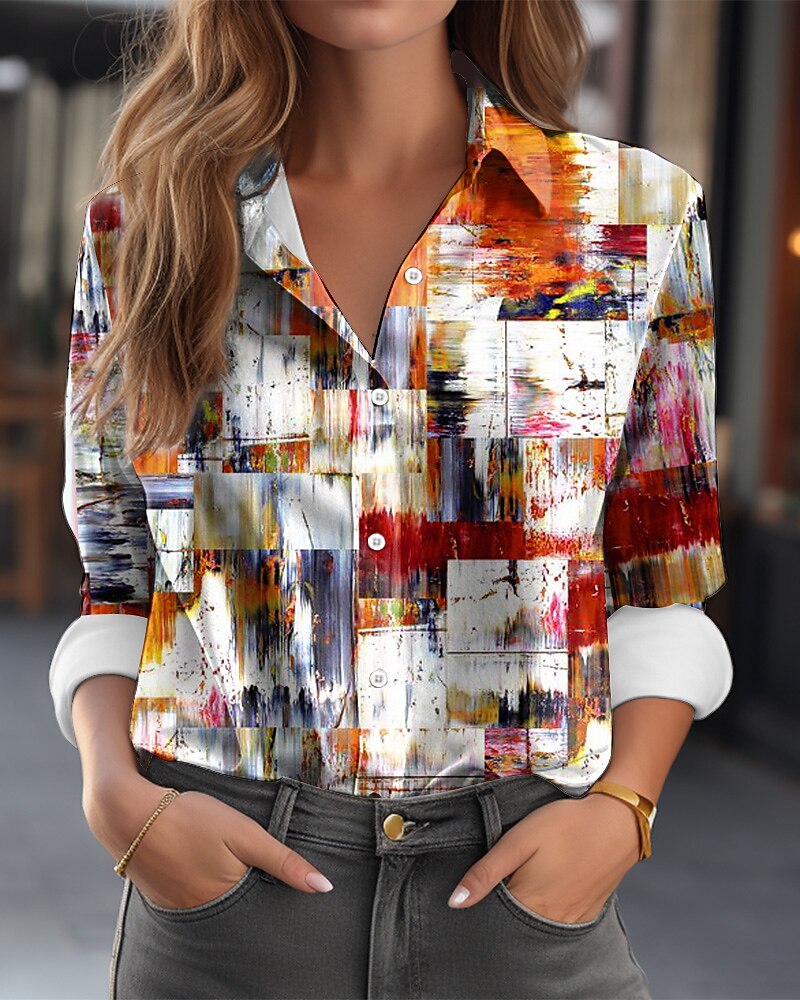 Camicia da donna Moda Color Block Bottoni Stampa Maniche Lunghe Top Regolari Collo Camicia Casual Rossa Blu Reale Blu Verde Primavera  Autunno del 2025 a $23.99 –P3