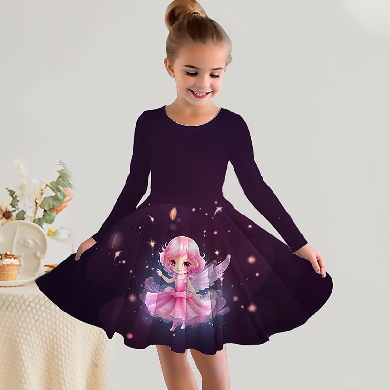 Girls ' 3D VÍLA Šaty Dlouhý rukáv 3D tisk Jaro Podzim Dovolená Sporty a outdoor Denní Roztomilý Na běžné nošení Krásná Děti 3-12 let Volnočasové šaty Áčkové šaty Nad kolena Běžný 2025 - $16.99 –P1