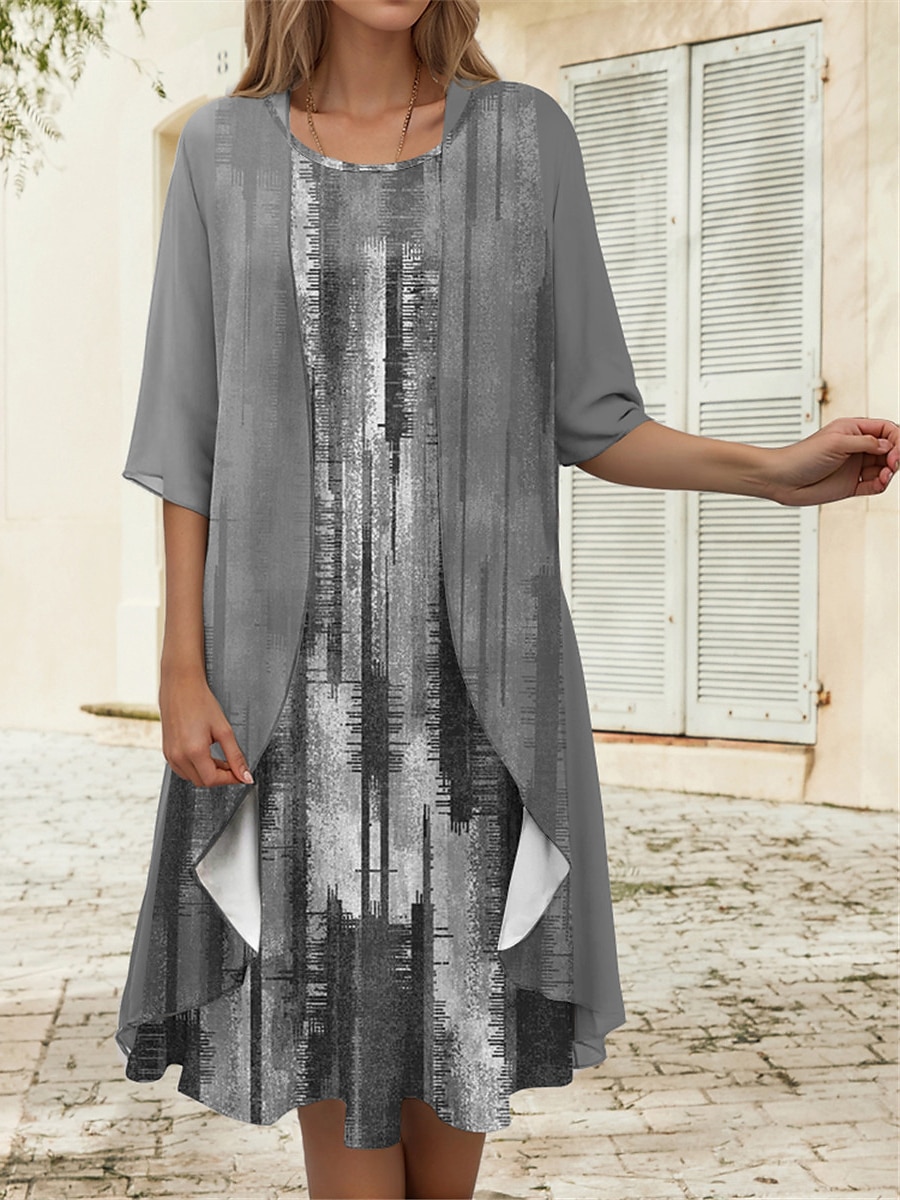 Women's Graduation Dress Midi Dress Two Piece Dress Set Casual Dress Chiffon Dress Print Dress Fashion Modern Print Print Half Sleeve Crew Neck Outdoor Holiday Pink Blue Purple Spring Loose Fit 2025 - $36.99 –P5
