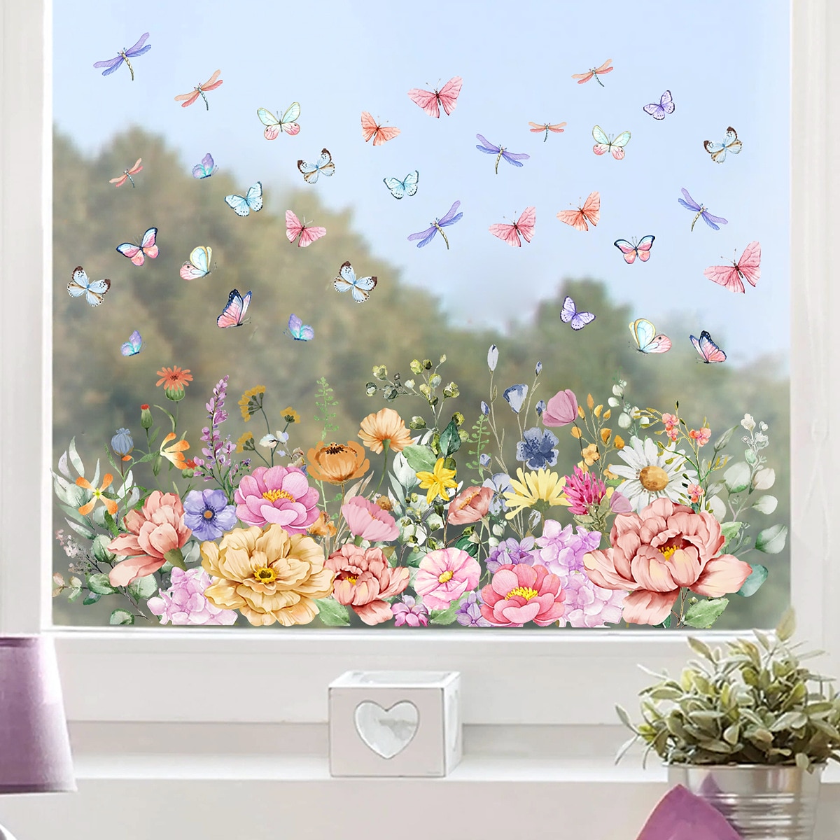 Adesivo per finestra con bouquet floreale, adesivo da parete primaverile colorato, decorazione per finestra – bifacciale, lavabile, riutilizzabile, perfetto per la casa e l'ufficio del 2025 a $7.99 –P4