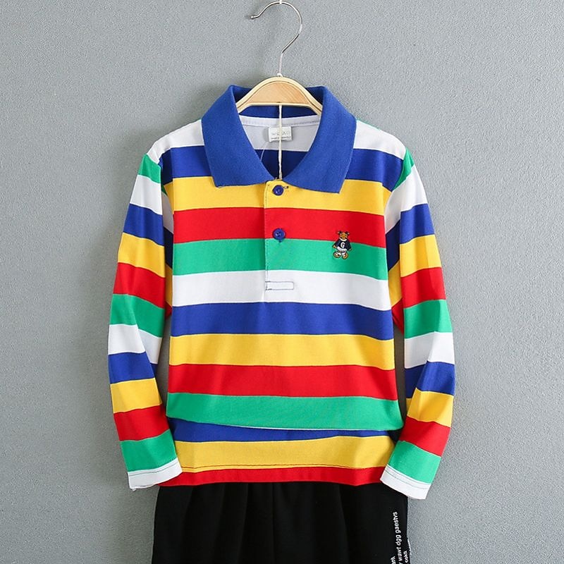 Barn Pojkar T-shirt Tee Tecknat Rand Långärmad Knapp Bomull Barn Top Skola Förtjusande Dagligen Vår Höst GUCI långärmade tjocka ränder 7-13 år 2025 - $17.49 –P11